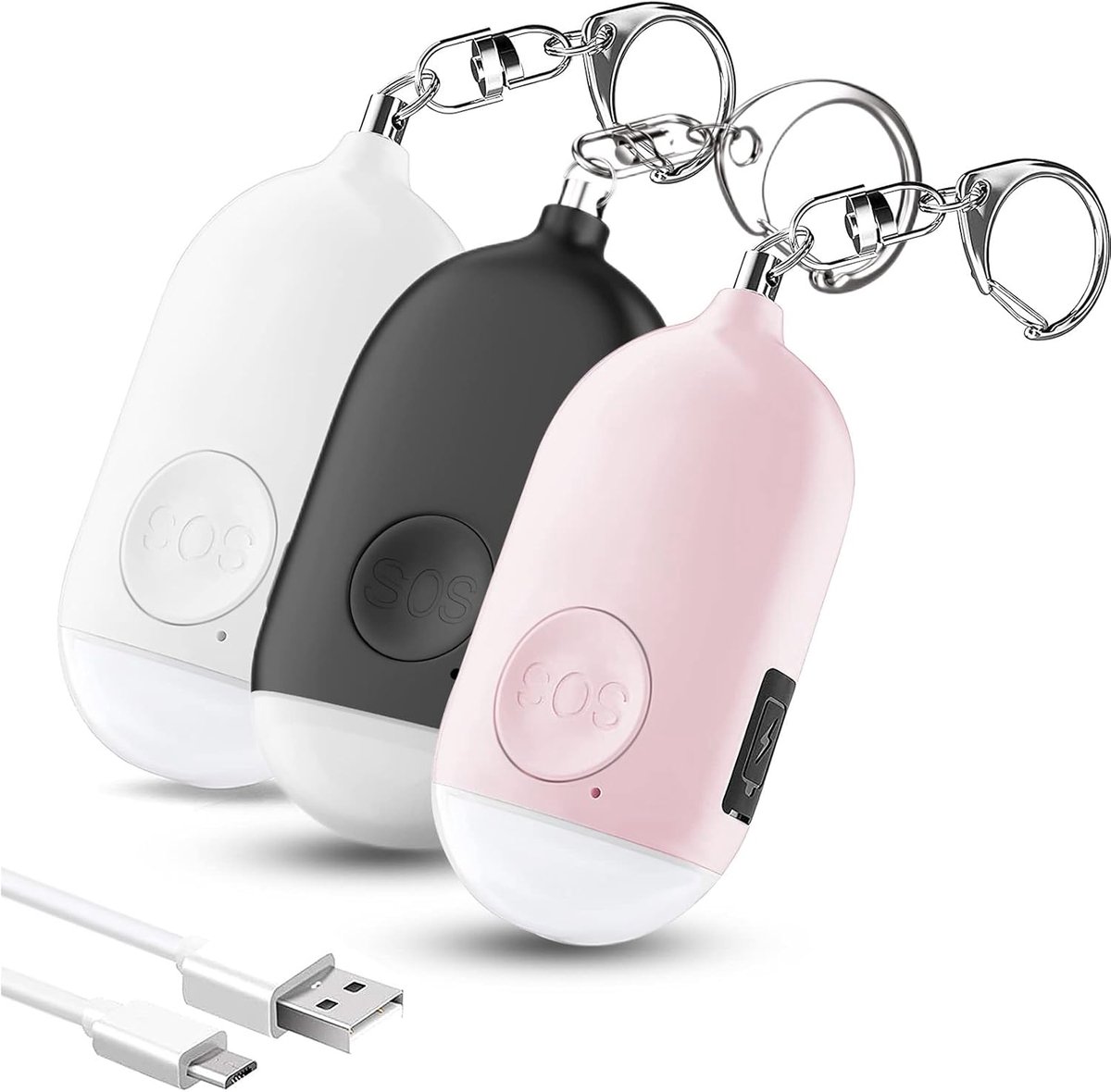 SnelShoppen - Personal Alarm Systeem voor Vrouwen 3-Pack Oplaadbaar 130 dB Zelfverdedigingsalarm met Sleutelhanger en LED Zaklamp - Veiligheid voor Ki
