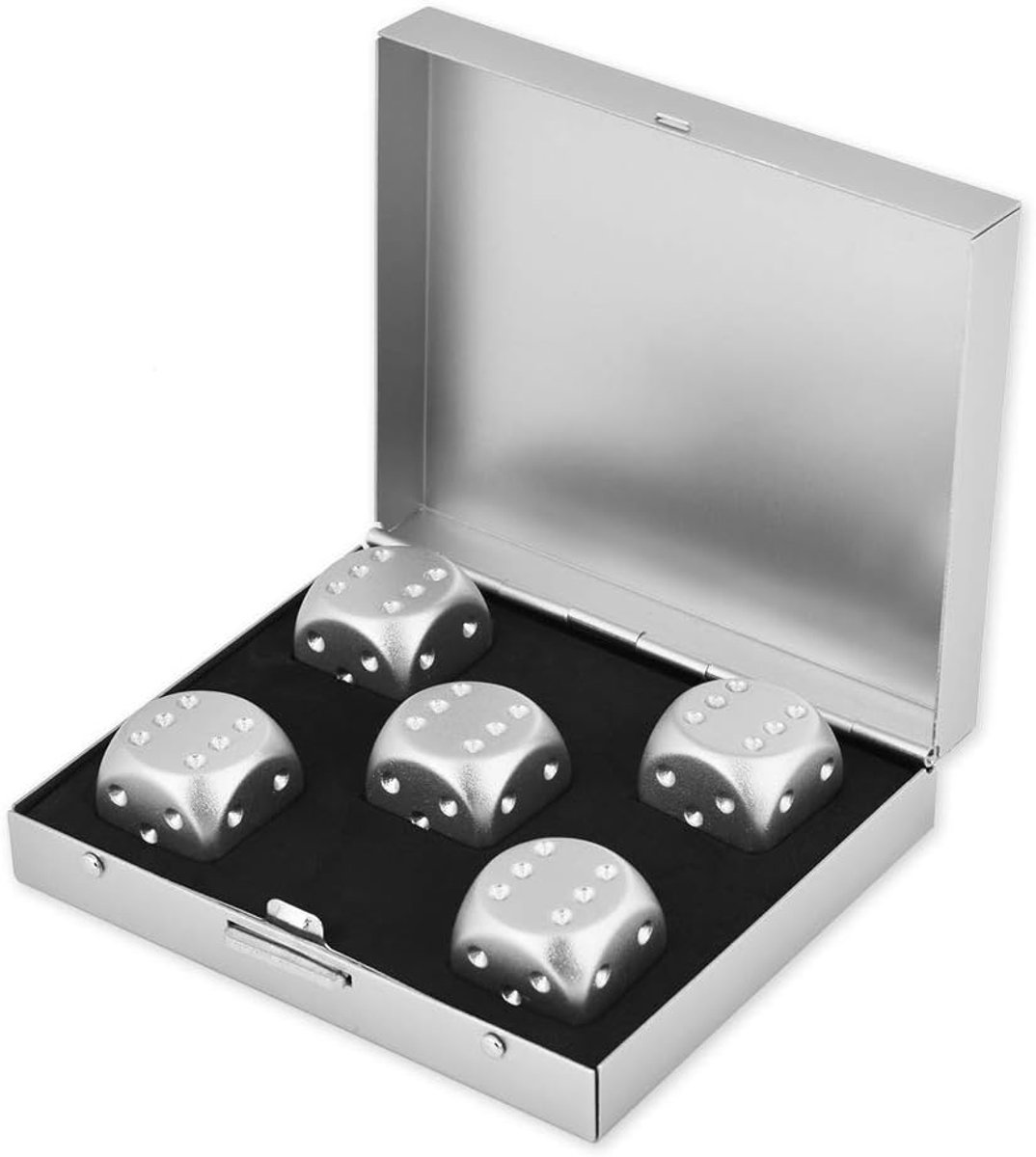 SnelShoppen - Aluminium Legering Dobbelstenen Set 5 Stuks 16mm D6 Met Vierkante Doos - Zilveren Metalen Dobbelstenen Voor Drink Spellen Feest Spellen