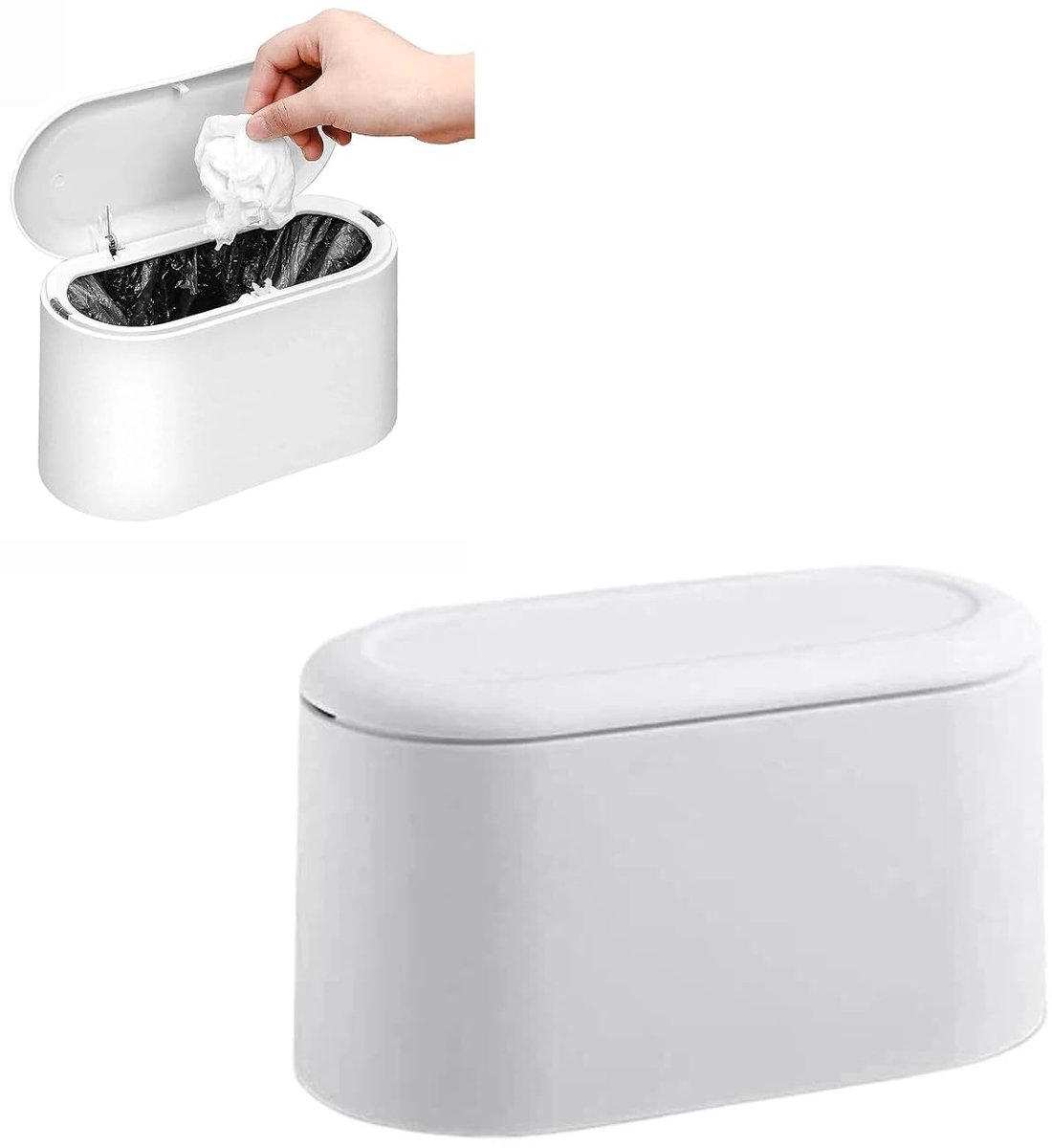 SnelShoppen - 1.75L Mini Afvalbak met Deksel, Compacte Vuilnisemmer voor Badkamer, Bureau, Keuken, Slaapkamer, Wit, 22 x 10 x 13 cm