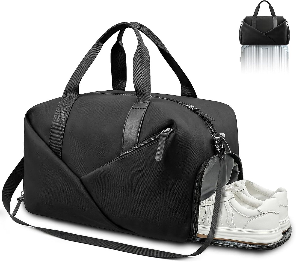 SnelShoppen - Sporttas voor op reis, lichtgewicht sporttas met natte zakken en schoenenvak, duurzame reistas van 100% nylon, zwart, ideaal voor sport