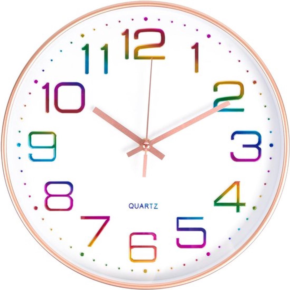 SnelShoppen - 30 cm Wandklok met 3D Cijfers, Kleurrijk en Geluidloos, Roze Goud, Modern Design voor Kantoor, Slaapkamer, Woonkamer, Keuken, School, Ki