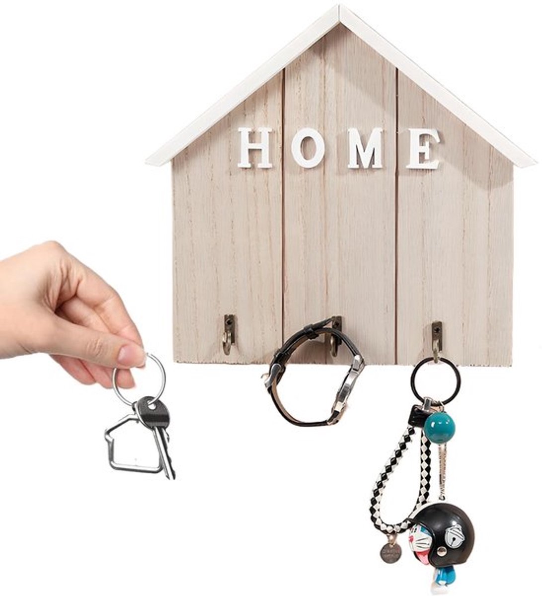 Sleutelrek Modern - Sleutelhanger - Sleutelhouder Muur - Zelfklevend - Houten Sleutelrek - 21,5 x 22,5 cm - Duurzaam Hout en Metaal
