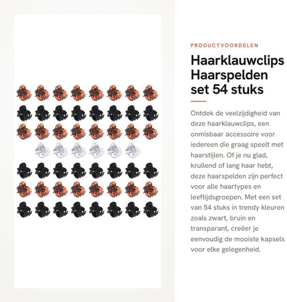 Haarklauwclips set - 54 stuks - zwart/bruin/transparant - geschikt voor alle haartypes - ideaal voor sporten - 1 cm breed - Haarclips