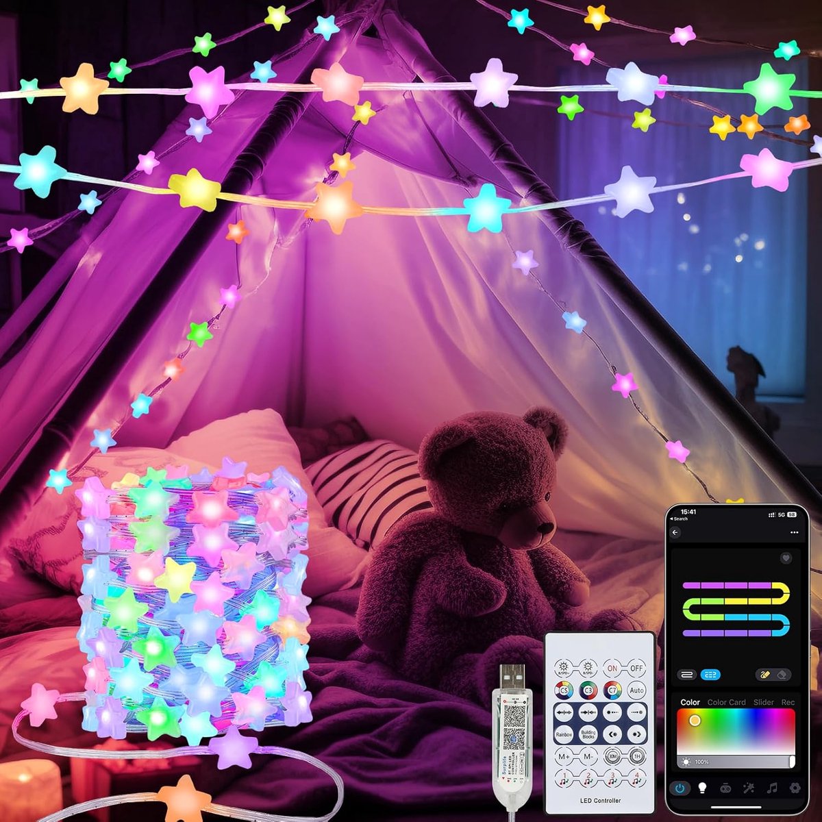 SnelShoppen - Smart Ster Lichtketting 10M RGB met 66 LED's, App Timer, Afstandsbediening, 99+ Modi, Muzieksynchronisatie, USB Aansluiting, Waterdicht,