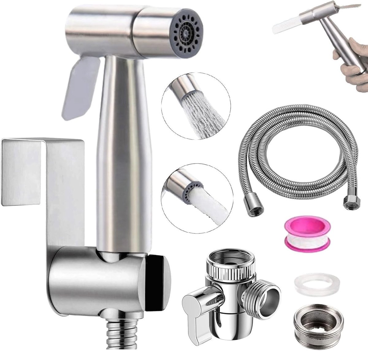 Handdouche Bidet van RVS met Dubbele Schakelaar, Toiletsproeier voor Persoonlijke Hygiëne, Babydoekjes en Jars, Dual Mode (Jet/Stream) voor Optimale Reiniging