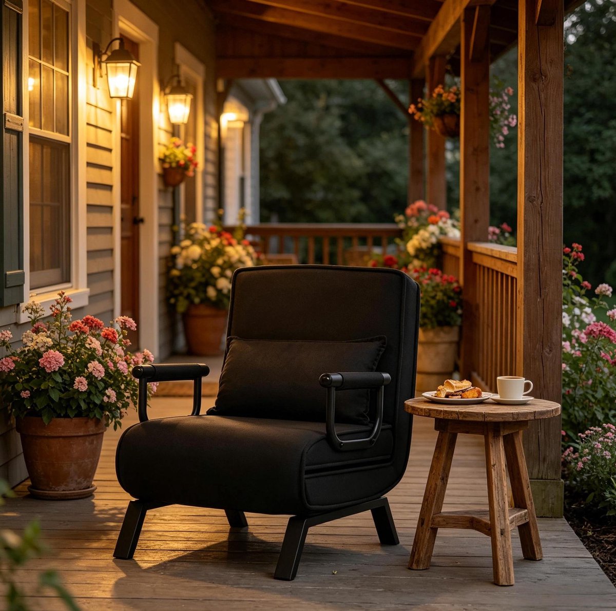 REDOM - Verstelbare slaapfauteuil - 3-in-1 converteerbaar - 5 standen rugleuning - Met armleuningen en kussen - Woonkamer of slaapkamer - Linnen en metaal - Zwart - 65 x 78 x 75 cm