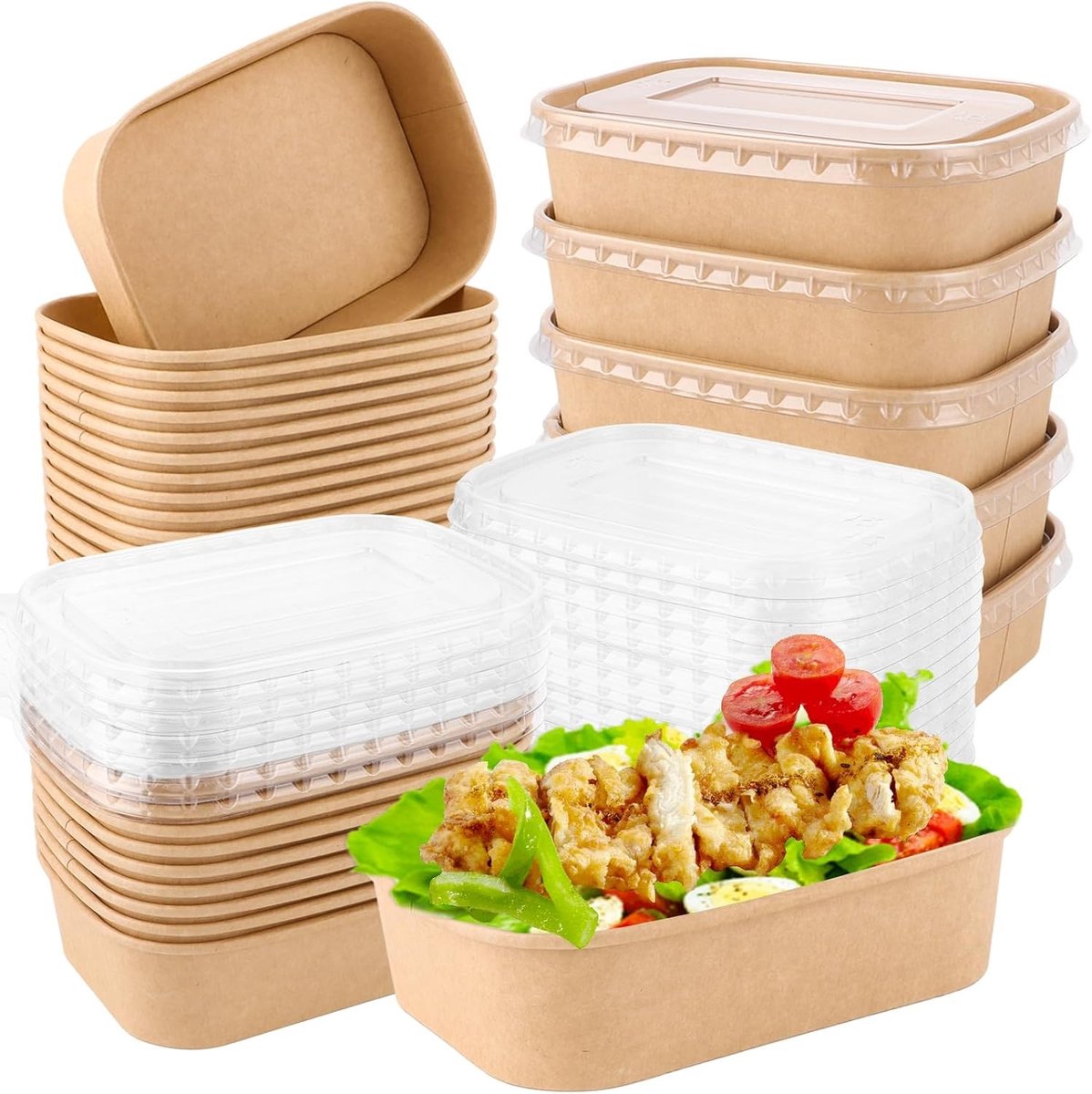 Set van 50 Wegwerp Kraft Papieren Schalen 500ml voor Voedselverpakking, Herbruikbare Take Away Bakjes, Ideaal voor Catering en Feestjes