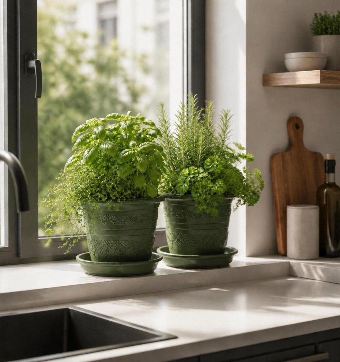 Serinova Bloempot Set 2 Stuks - Plantenbak En Kruidenbak Rond - Groen Kunststof - 4L - 21x18 Cm - Met Onderschalen