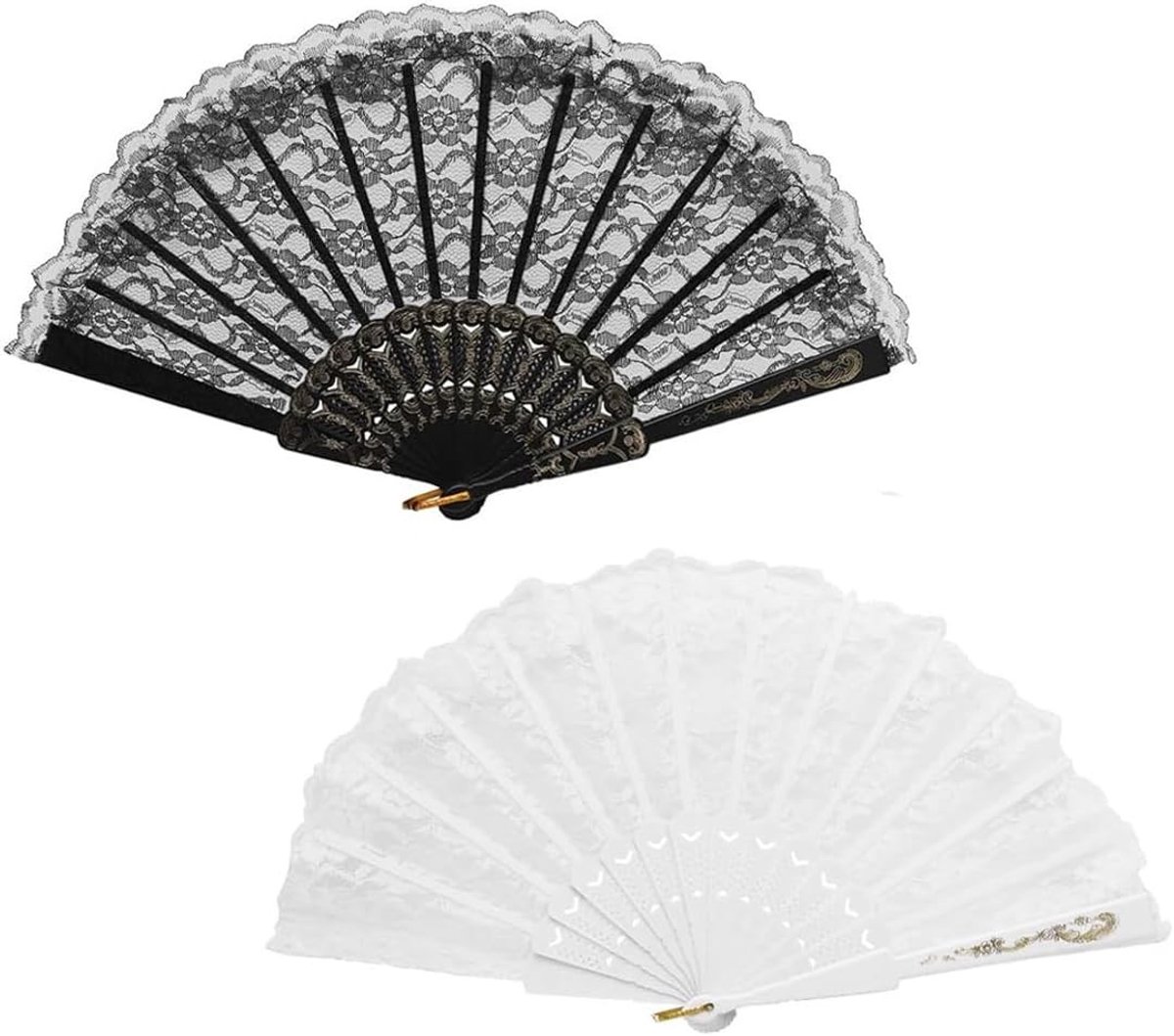 Elegante handwaaiers in zwart en wit, 2 stuks, perfect voor vintage themafeestjes, flapper kostuums en retro accessoires.