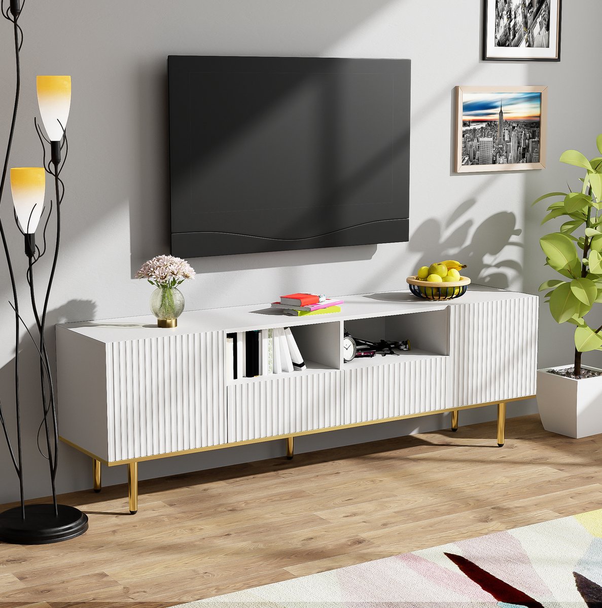 COVREO TV meubel 165 x 36 x 55 cm - wit met gouden poten, opbergvakken en laden