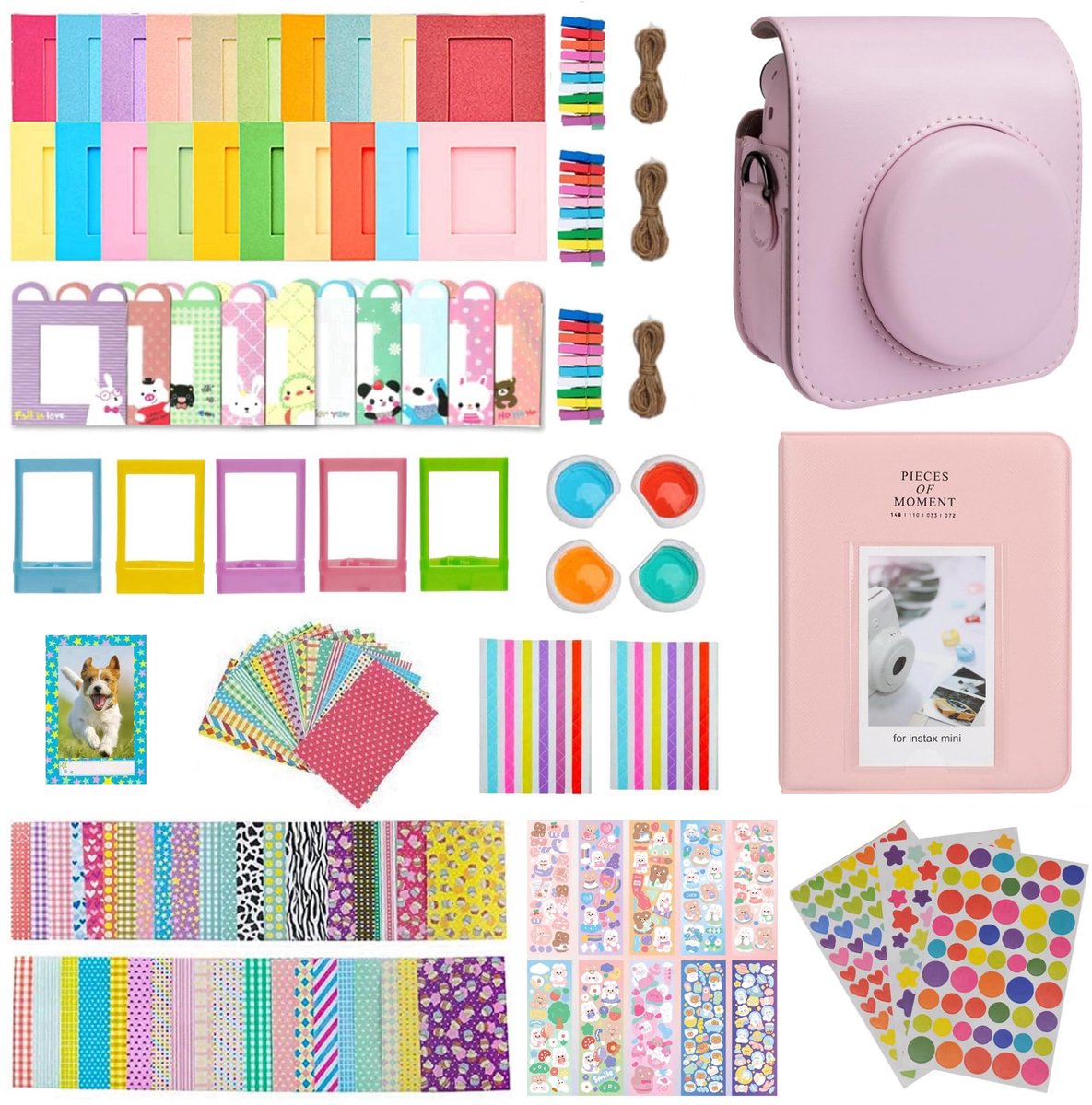 SnelShoppen - Instax Mini 12 Accessoires Set - Cameratas met 64 Vakken, Fotoalbum, Kleurfilter, Fotolijst - Roze, S, Vintage - Perfect voor Feesten en