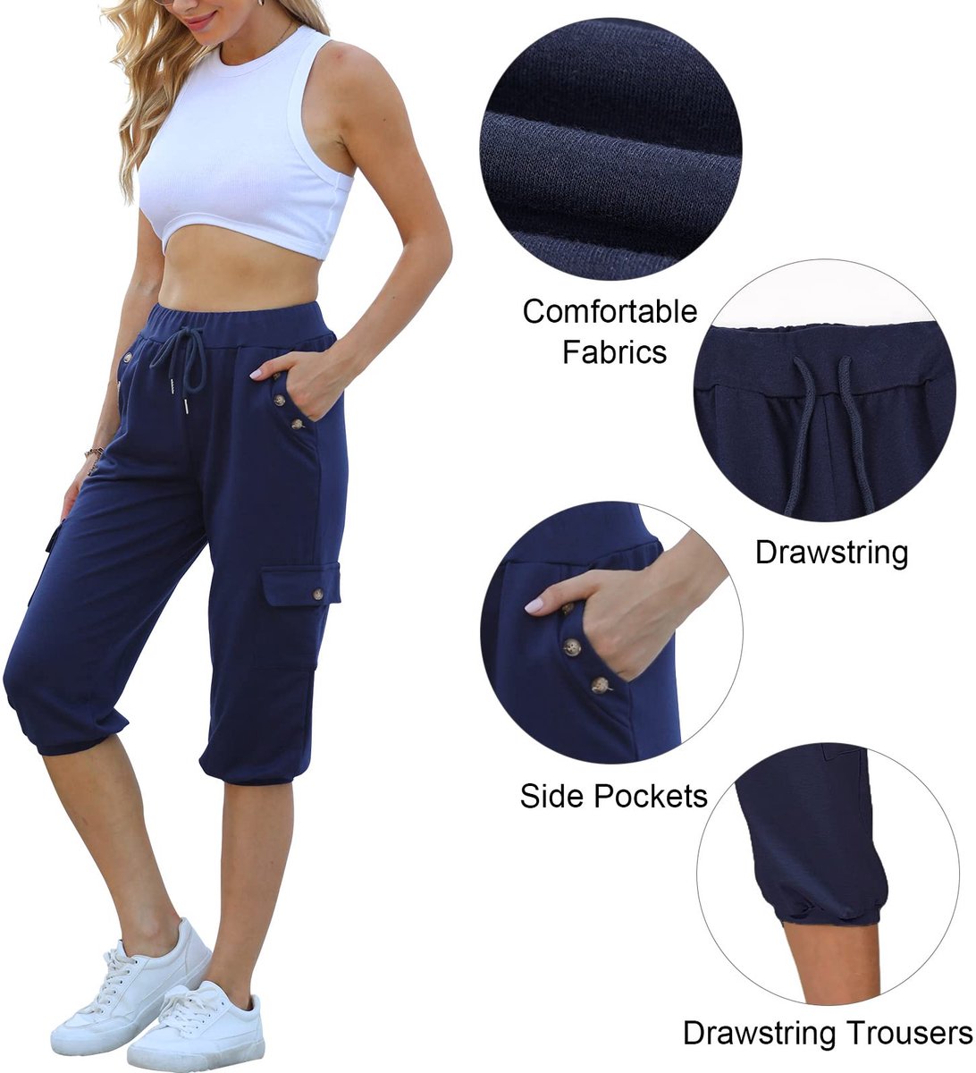 SnelShoppen - Damesbroek 3/4 Chique Zomer Losse Joggingbroek Katoen Casual Capribroek Yogabroek Pilatesbroek met Zakken Marineblauw XL