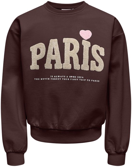 Bruine sweater met 'PARIS' in beige letters en een roze hartje, tekst 'IS ALWAYS A GOOD IDEA YOU NEVER FORGET YOUR FIRST TRIP TO PARIS'