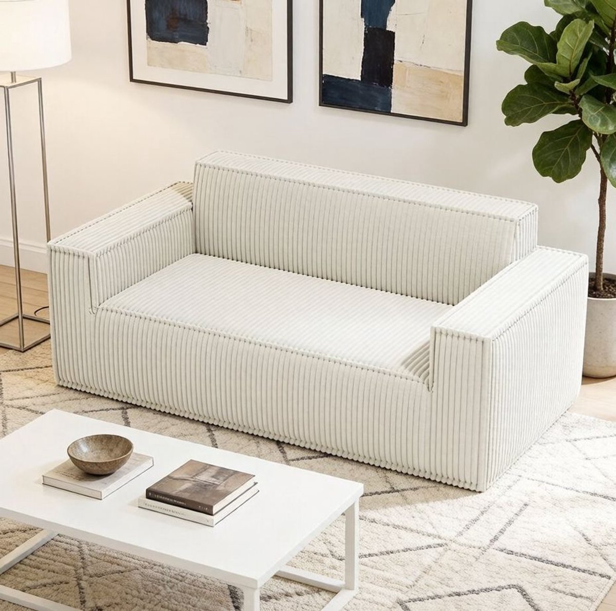 REDOM Bank - Diepe zitting - 2-zits zitbank - Zonder montage - Moderne stijl - Woonkamer of kantoor - Corduroy stof - Gebroken wit - 178 x 86 x 70 cm