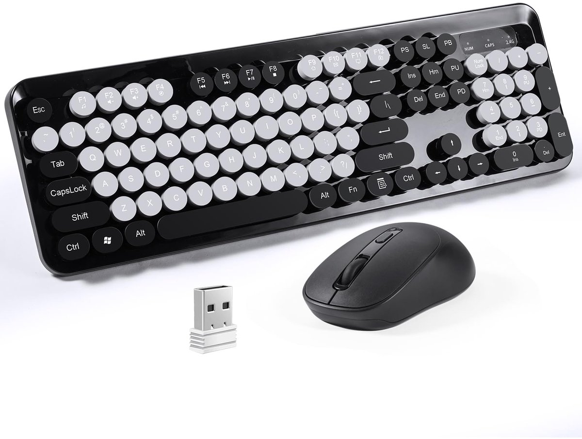 SnelShoppen - Draadloos Toetsenbord en Muis Combo K73, 2,4 GHz volwaardig Typemachine Toetsenbord met Retro Ronde Toetsdoppen, USB-ontvanger, Ergonomi