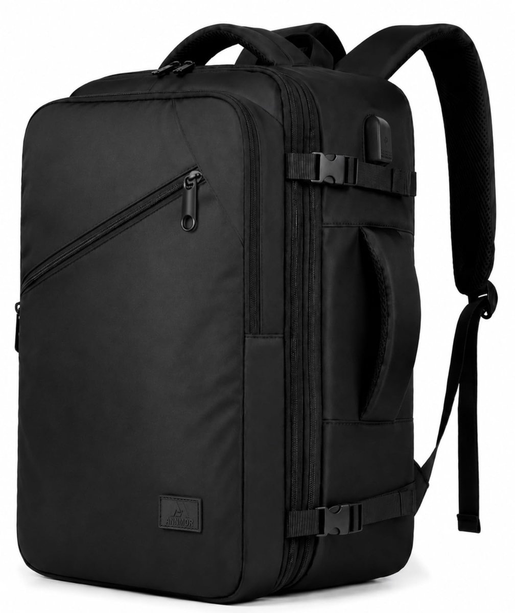 SnelShoppen - Handbagage Rugzak 24L, Uitbreidbare Reistugzak tot 30L, 15.6" Laptopvak, USB-poort, Ryanair Handbagage 40x30x20, Zwart - Voor Weekends e