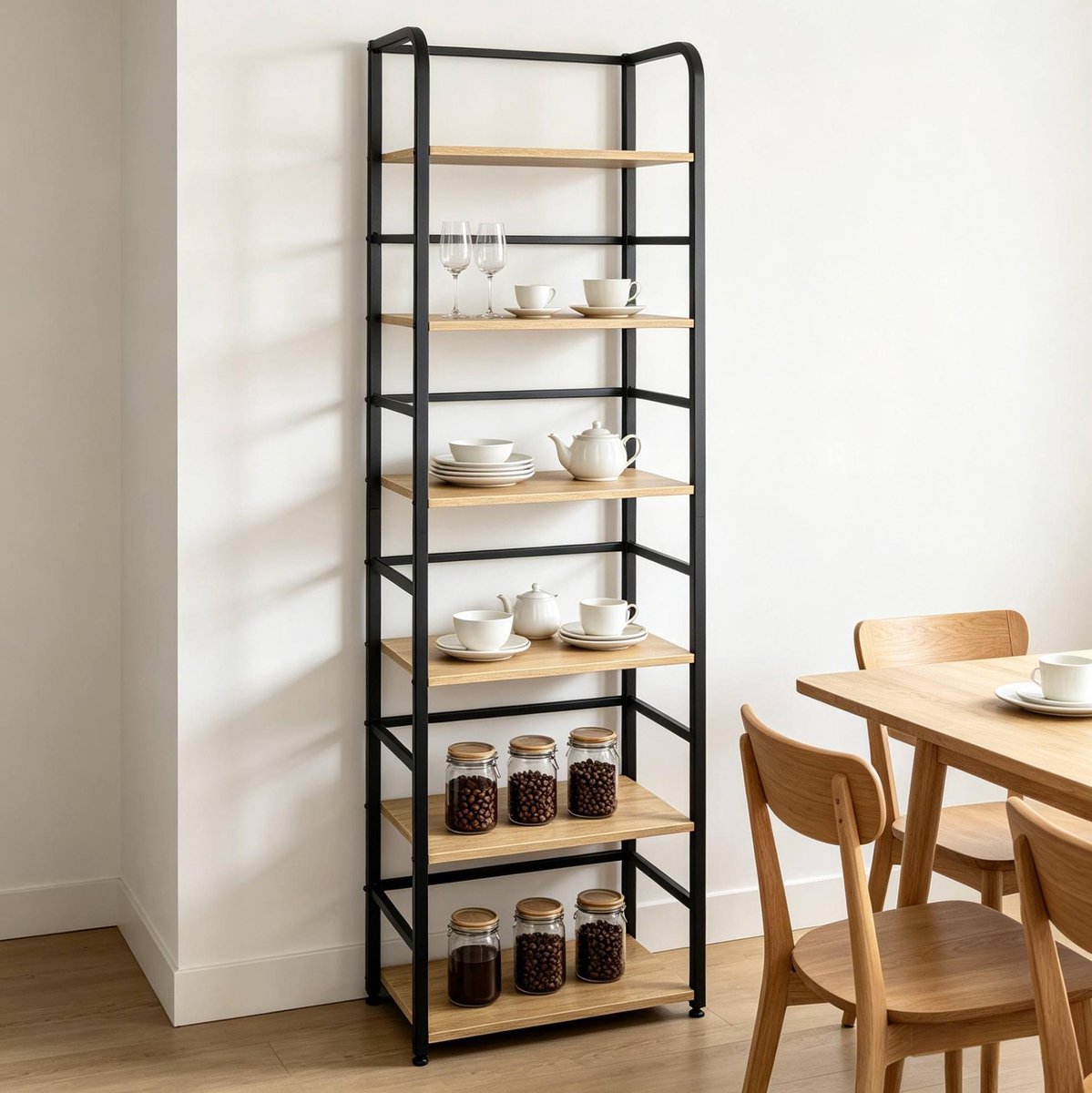 HAUSS SPOLE Boekenkast – 50 x 30 x 176 cm – 6 Niveaus Open Opbergruimte – MDF En Metaal – Zwart En Licht Eiken – Voor Woonkamer En Werkkamer