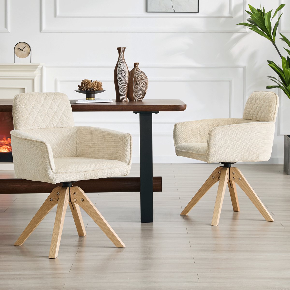 MEUNIQ set van 2 draaibare eetkamerstoelen met armleuningen, 85 cm hoog, crèmewit gestikt