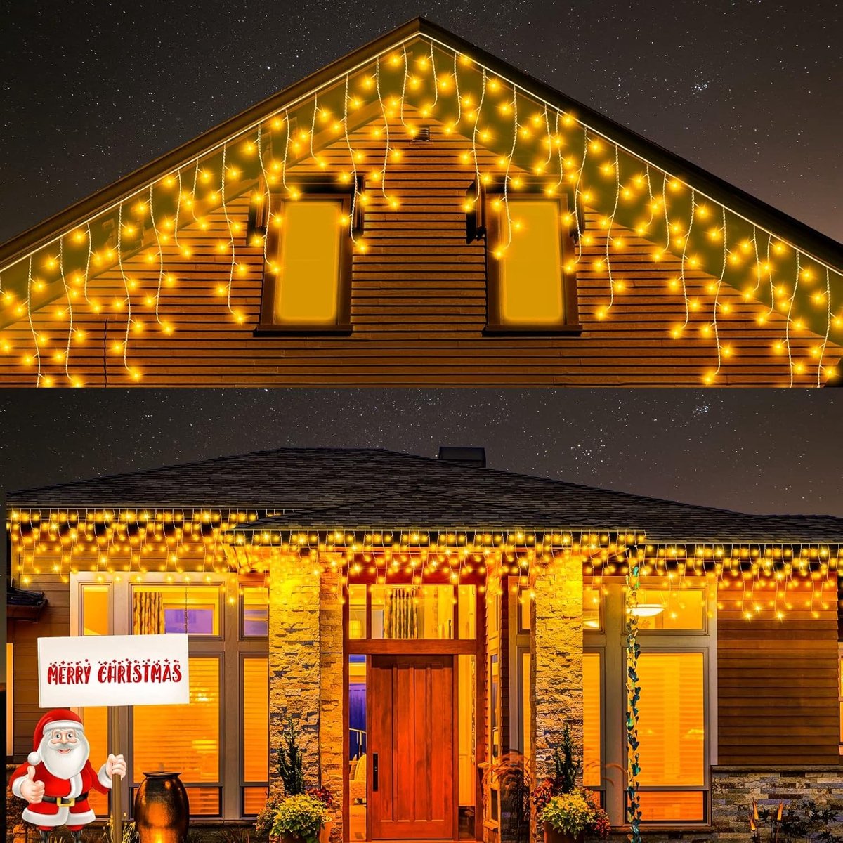 LED Voeding 31V, 6W Transformator met Timer en Geheugenfunctie, 8 Verlichtingsmodi, IP44 Adapter voor Kerstverlichting en 1 Stuk Warme Witte 360LEDs IJspegel Sfeerverlichting