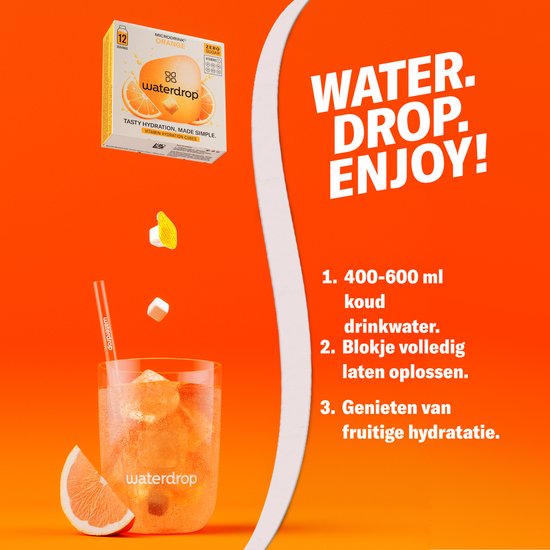 Waterdrop sinaasappel bruisende drankjes met sinaasappel, ijsblokjes en een glas.