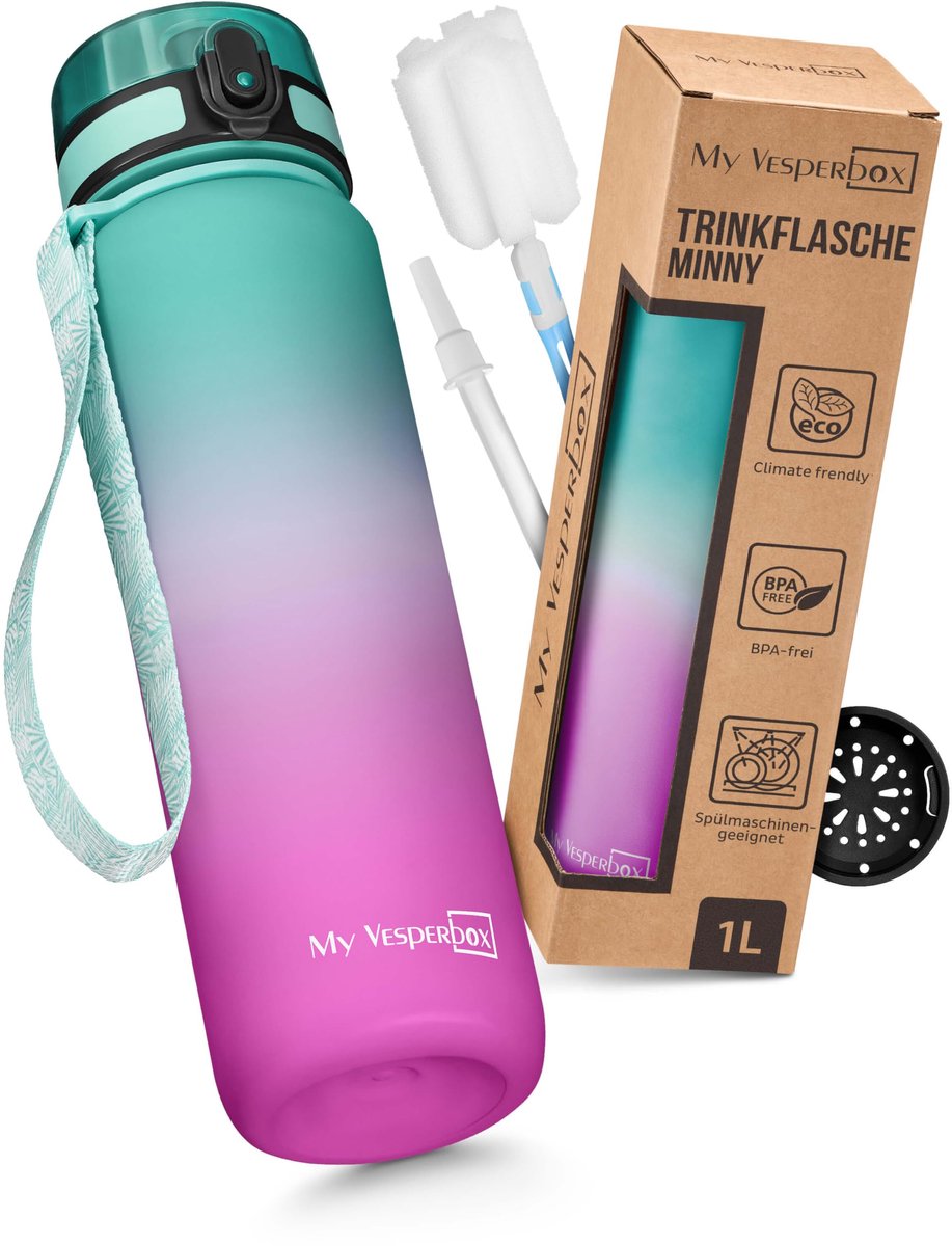 SnelShoppen - My Vesperbox Drinkfles 1L Lekvrij BPA-vrij voor Kinderen en Volwassenen - Inclusief Reserveafdichting, Reinigingsborstel, Fruitzeef en O