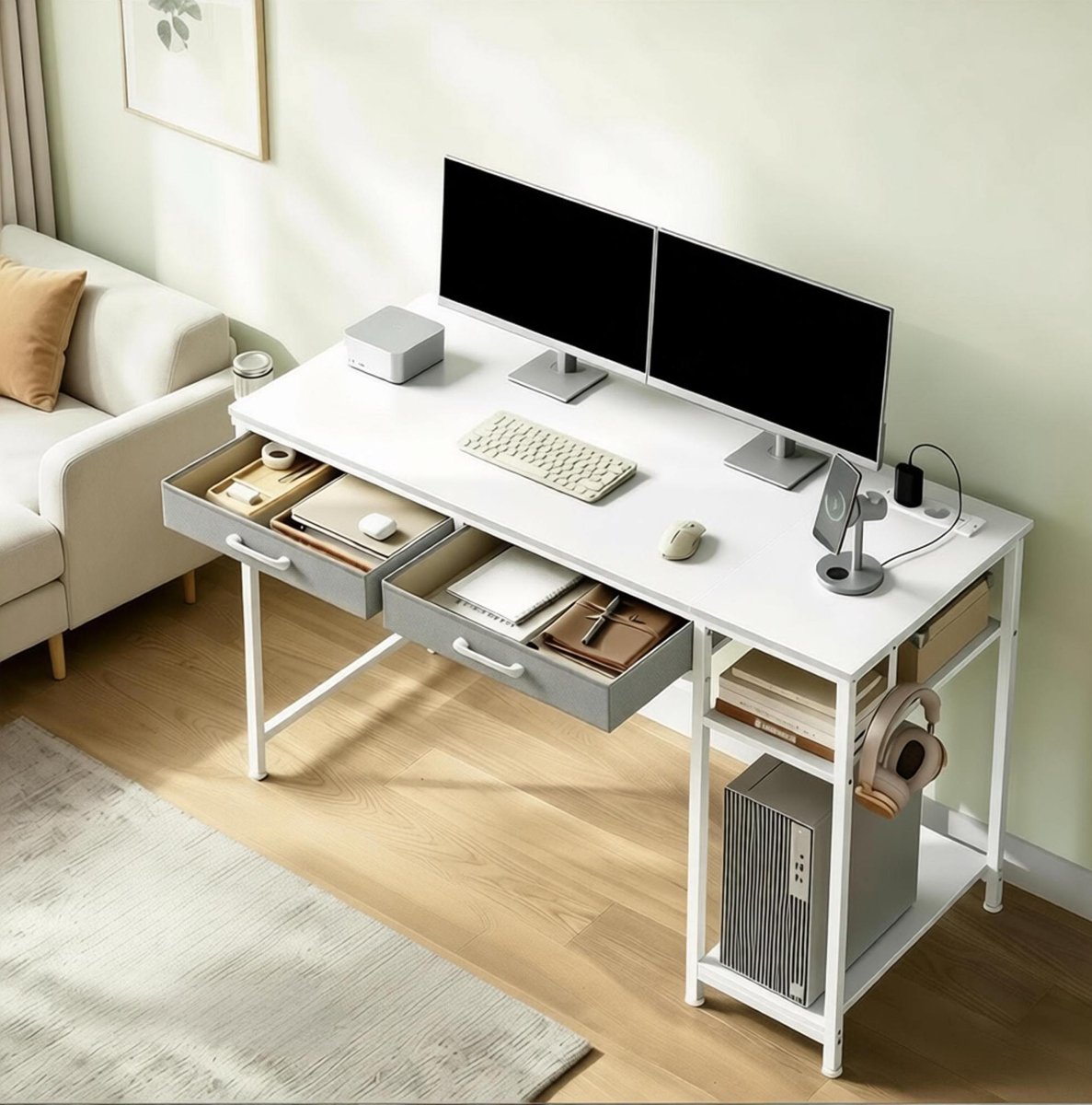 REDOM - Computerbureau met 2 stoffen lades en afneembaar zijrek - Met 2 stopcontacten, USB en Type-C - Metaal en MDF - Wit - 120 x 51 x 75 cm