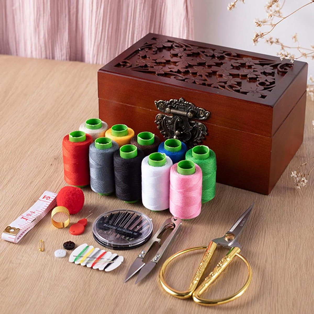 Houten Naaidoos - Naaiset Organizer - Kleding Repareren - Georganiseerde Compartimenten - 21.5 x 13.5 x 9 cm - Houtkleur