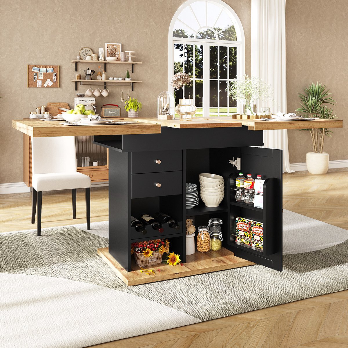 MEUNIQ uitschuifbare eettafel 110-140 x 80 x 75 cm met lade, klapdeur, verstelbare planken, snackrek en wijnrek, opklapbare tafel voor keuken en woonkamer