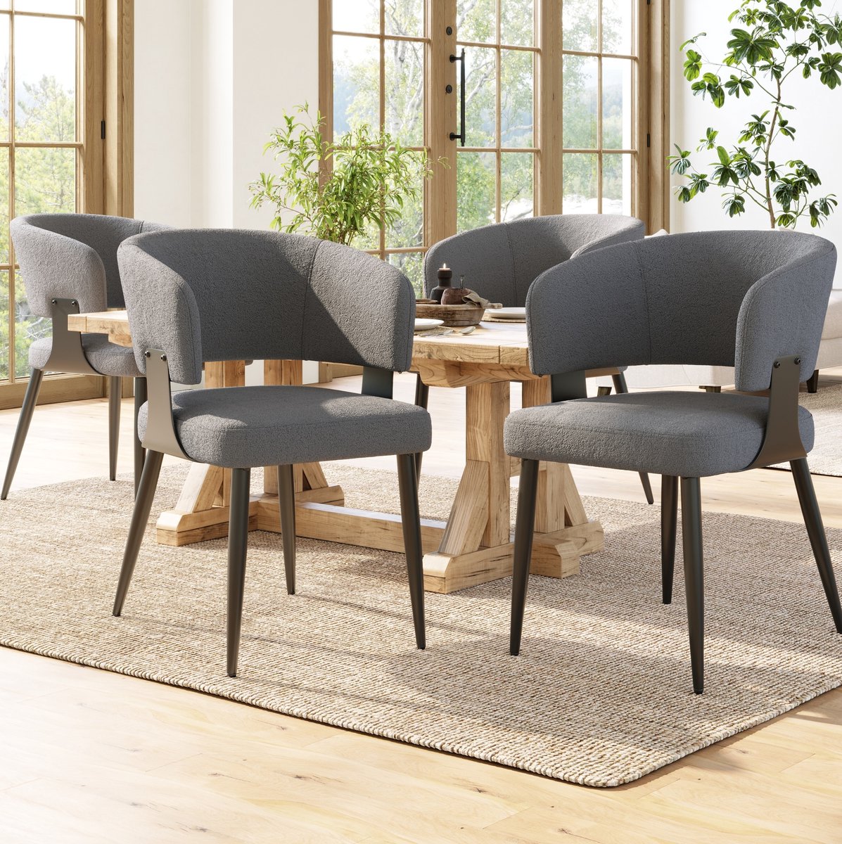 MEUNIQ Set van 4 grijze kuipstoelen met gebogen rugleuning, zachte flanellen zitting, metalen onderstel en 150 kg draagvermogen voor eetkamer Grey