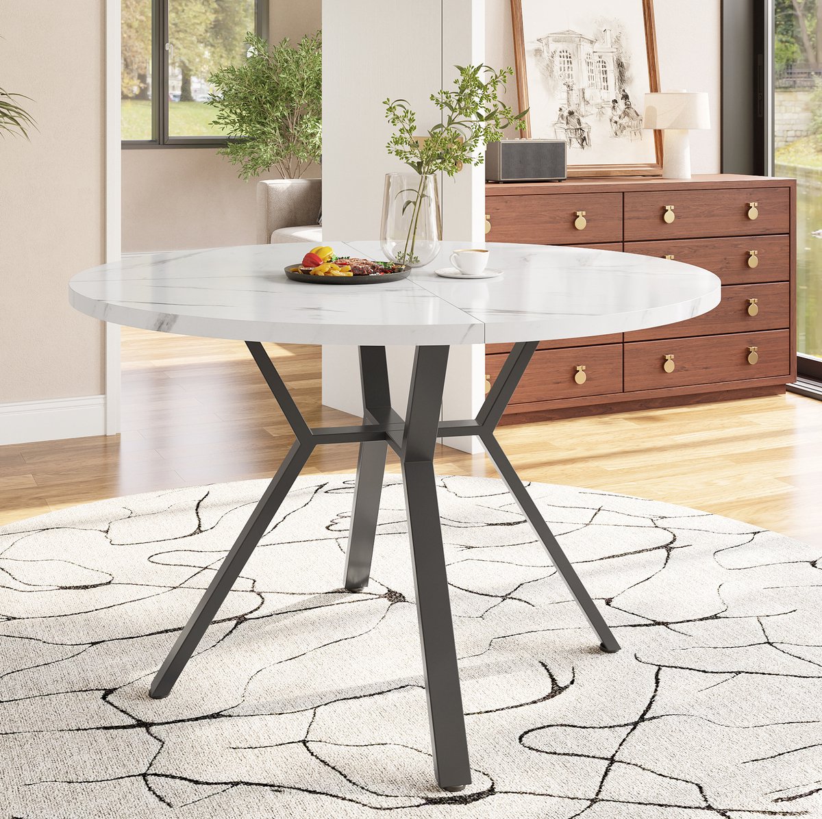 MEUNIQ ronde eettafel 100 cm wit marmerlook met zwarte X-poot van metaal, MDF tafelblad, 75 cm hoog, moderne tafel voor eetkamer of woonkamer