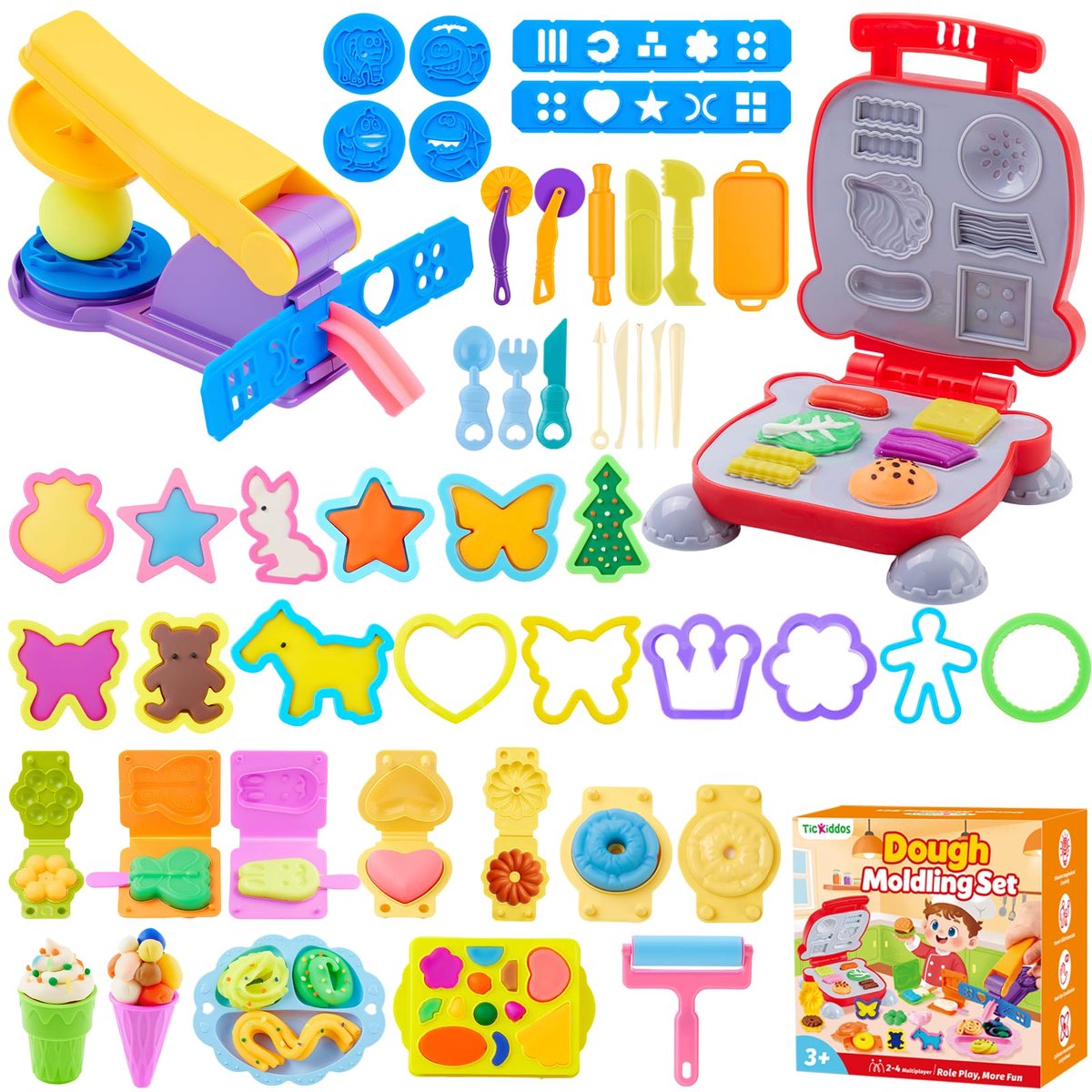 SnelShoppen - TicKiddos Kneedgereedschap voor Kinderen, 50 Stuks Kneedaccessoires met Hamburgervorm, Uitsteekvormen, Extruder, Modelleergereedschap, K