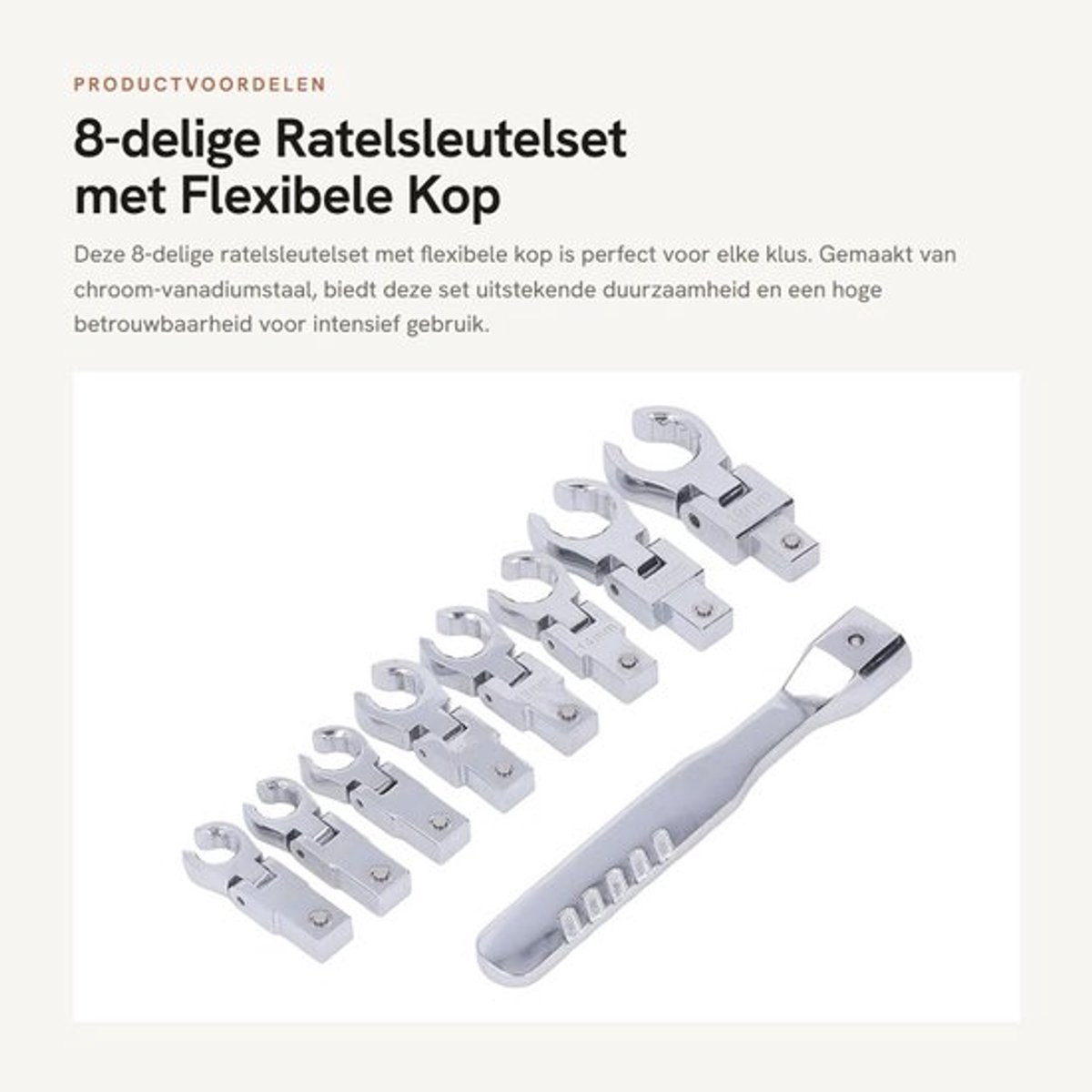 Ratelsleutelset 8-delig - Flexibele Kop - Chroom-vanadiumstaal - 180 Graden Draaibaar - Zwaar Gebruik - Hoge Betrouwbaarheid - Moersleutelset