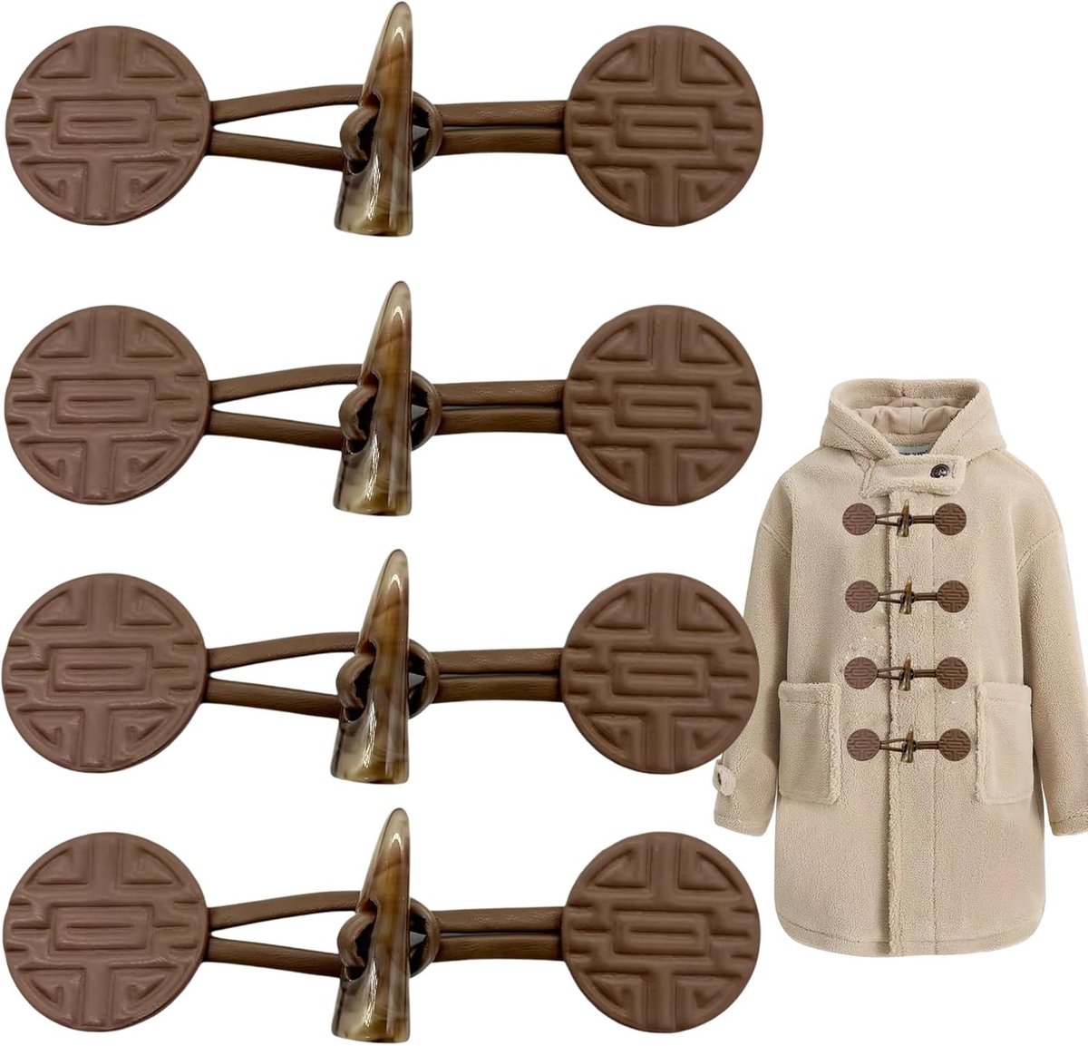 Leren riem met sluiting, 4 paar kleine nepleer jacks met knopen, gebreide kleding en windjack (bruin, rond)