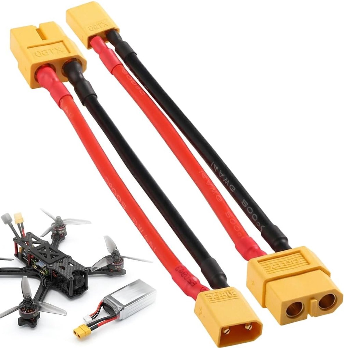 Adapterkabel XT60 Plug naar XT60 Socket, 10 cm, 14 AWG, Silicone Kabel voor RC Drones, Lipo Accu Oplader, Tinned Copper Connectoren, Geen Soldeerwerk Nodig, Set van 2