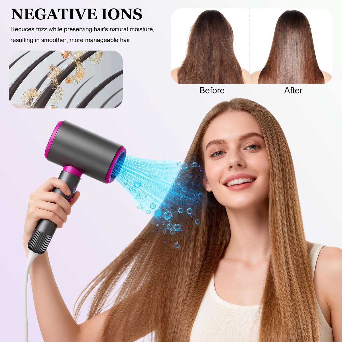 SnelShoppen - Ionen föhn 1800 W haardroger, stille sneldroger met koud-/warmschakelaar, 3 snelheden, concentrator en diffuser voor thuis, salon en rei