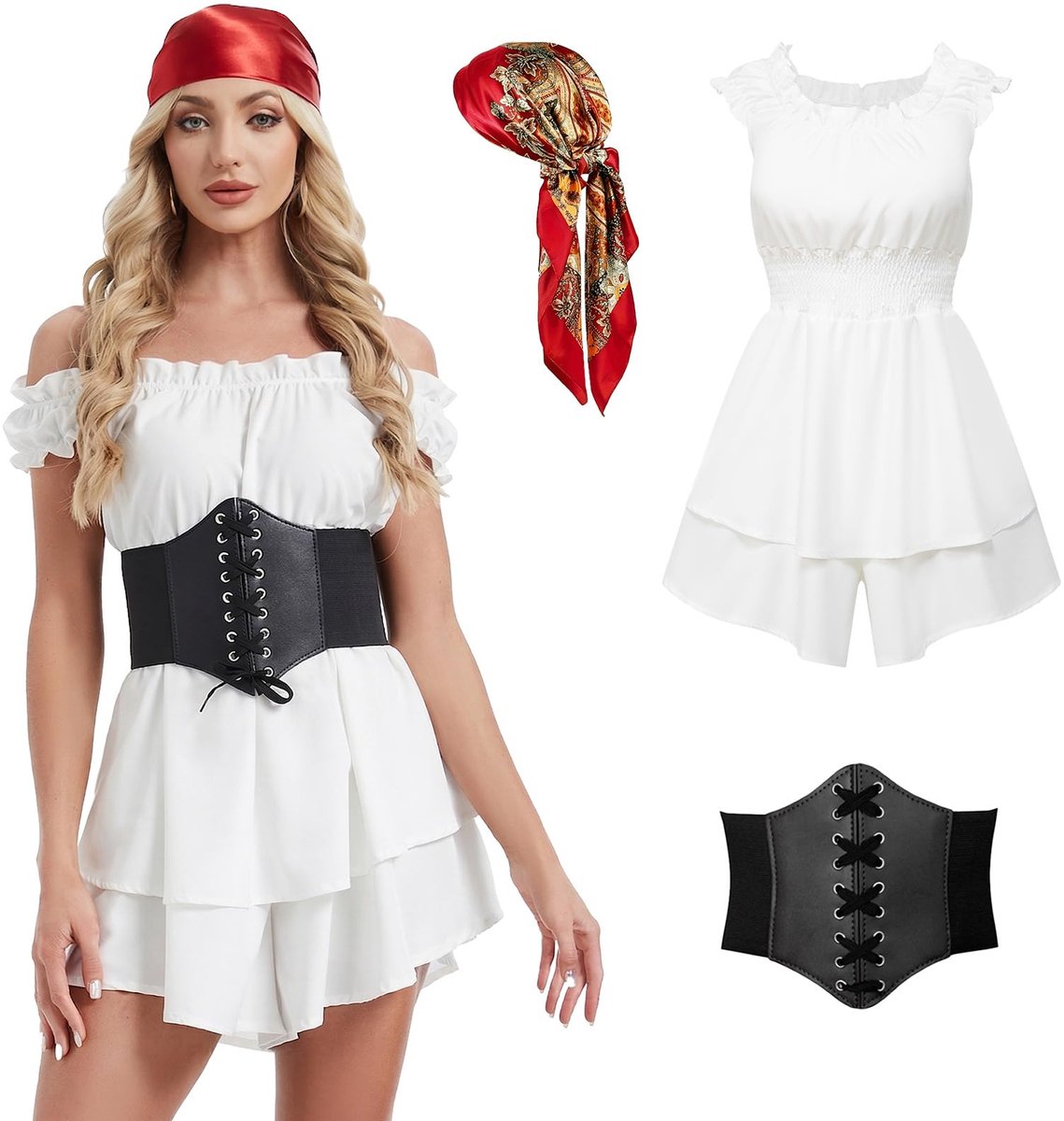SnelShoppen - LYBOHO Piratenkostuum Dames, Skort-Romper-Jumpsuit met Korsetriem en Hoofdband, Halloween/Carnaval, Wit, Maat L