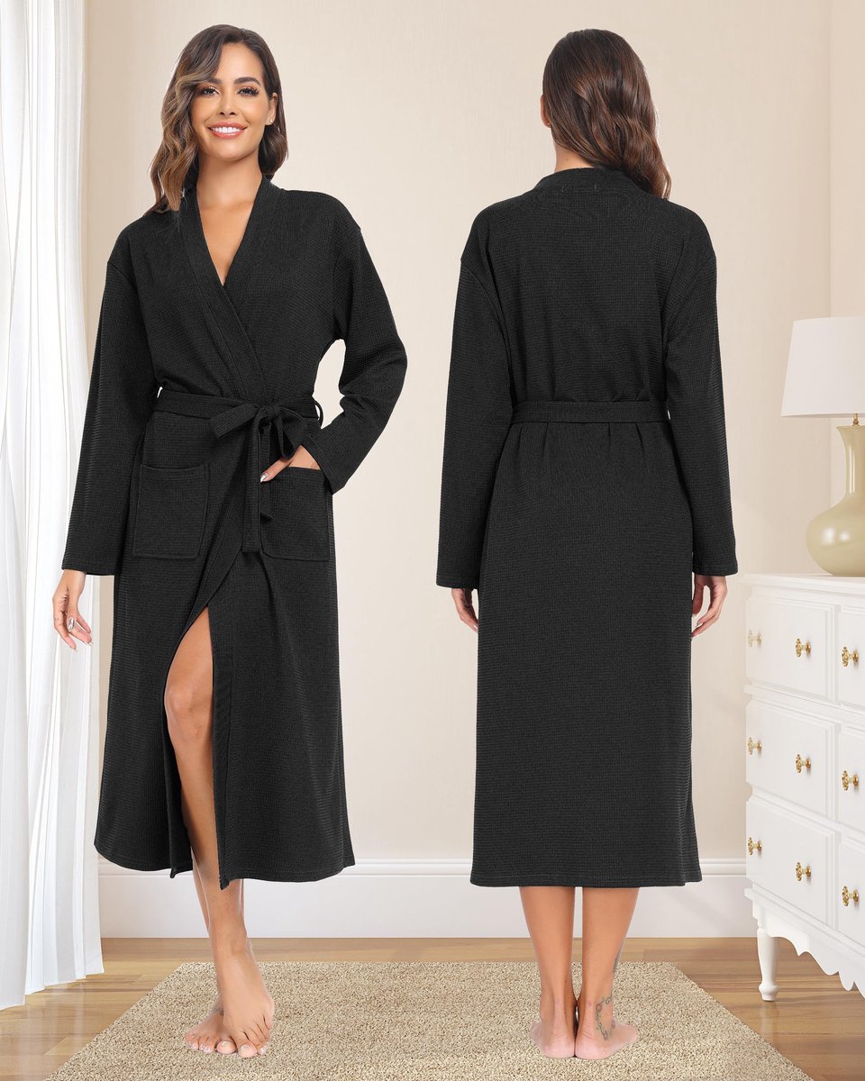 SnelShoppen - Wafel-ochtendjas Dames Uniseks Badjas Kimono V-hals Zwart S-XXL voor Spa, Huis, Hotel en Ontspanning