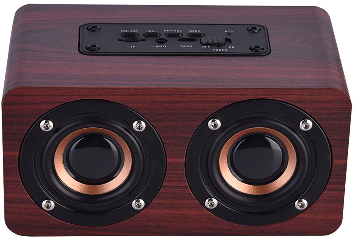 SnelShoppen - Houten Bluetooth Speaker Retro - Draadloze Mini Draagbare Outdoor Audio met Bas Subwoofer - Rood Hout - Perfect voor Feest, Camping, Tui