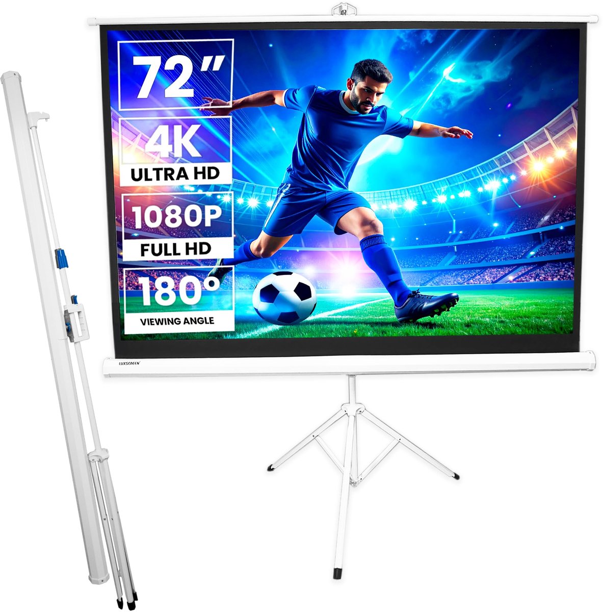SnelShoppen - Projectiescherm met statief 183 cm (72 inch) - Luxe mat wit projectiescherm 165 x 87 cm - Draagbaar scherm voor binnen en buiten, ideaal