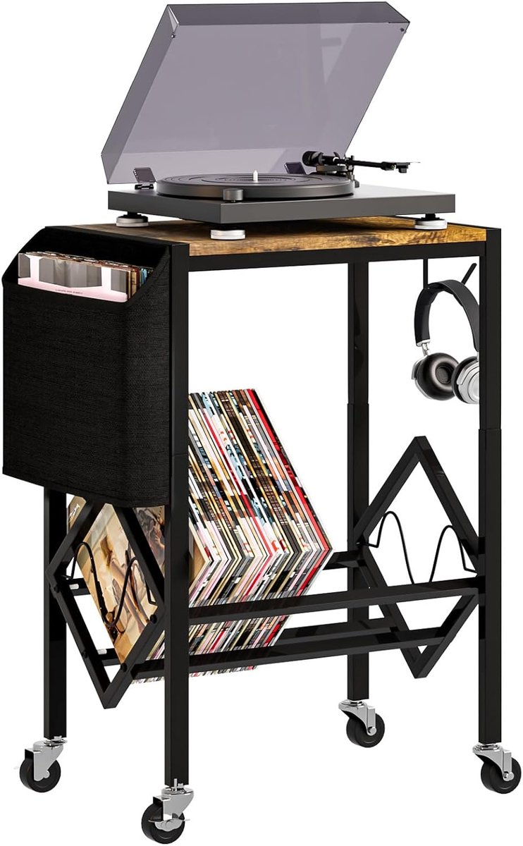 SnelShoppen - Vinyl Record Stand met Kledingzak en Haken, Metalen Platenstandaard voor Tot 200 Albums, Zwart, Geschikt voor Woonkamer en Slaapkamer