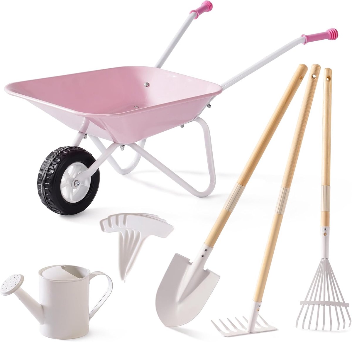 SnelShoppen - Tuinset voor Kinderen met Kruiwagen en Tuingereedschappen - Roze Speelgoedset met Gieter, Geschikt voor Buiten en Tuin, Leeftijd vanaf 3