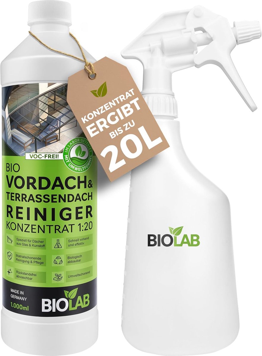 SnelShoppen - BIOLAB Luifel & Terrasdakreiniger Concentraat 1:20 (1L + Spuitfles) - Perfect voor Serre, Glazen Daken en Terrasoverkappingen