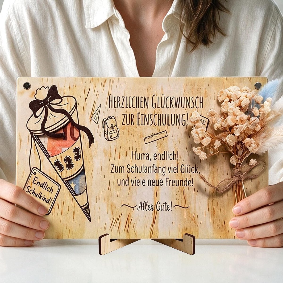 Geldgeschenk voor de eerste schooldag, houten decoratie met gedroogde bloemen en gelukswensen, uniek cadeau voor kinderen en ouders