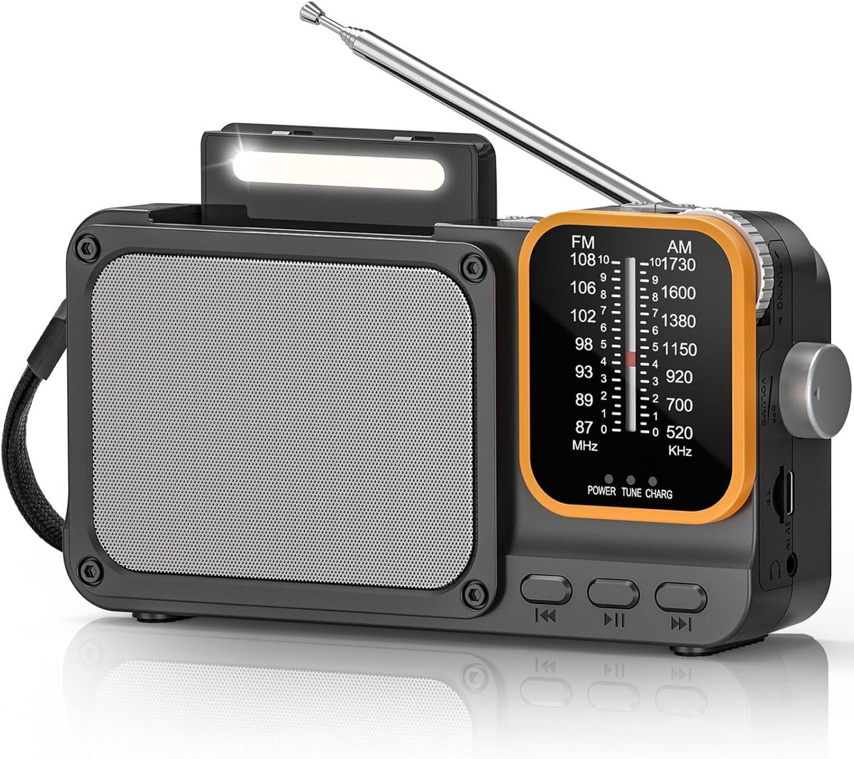 Draagbare batterijradio met AM/FM, 2400 mAh accu, Bluetooth, USB-C opladen en leeslampje