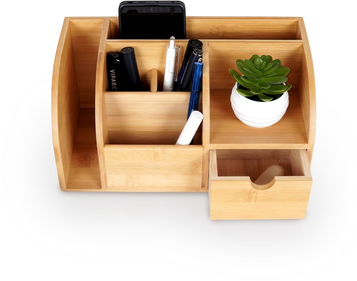 SnelShoppen - Bureau-organizer van hout met lade, multifunctionele opbergdoos, penhouder en documentenopslag, voor kantoor en school, gemakkelijk te m