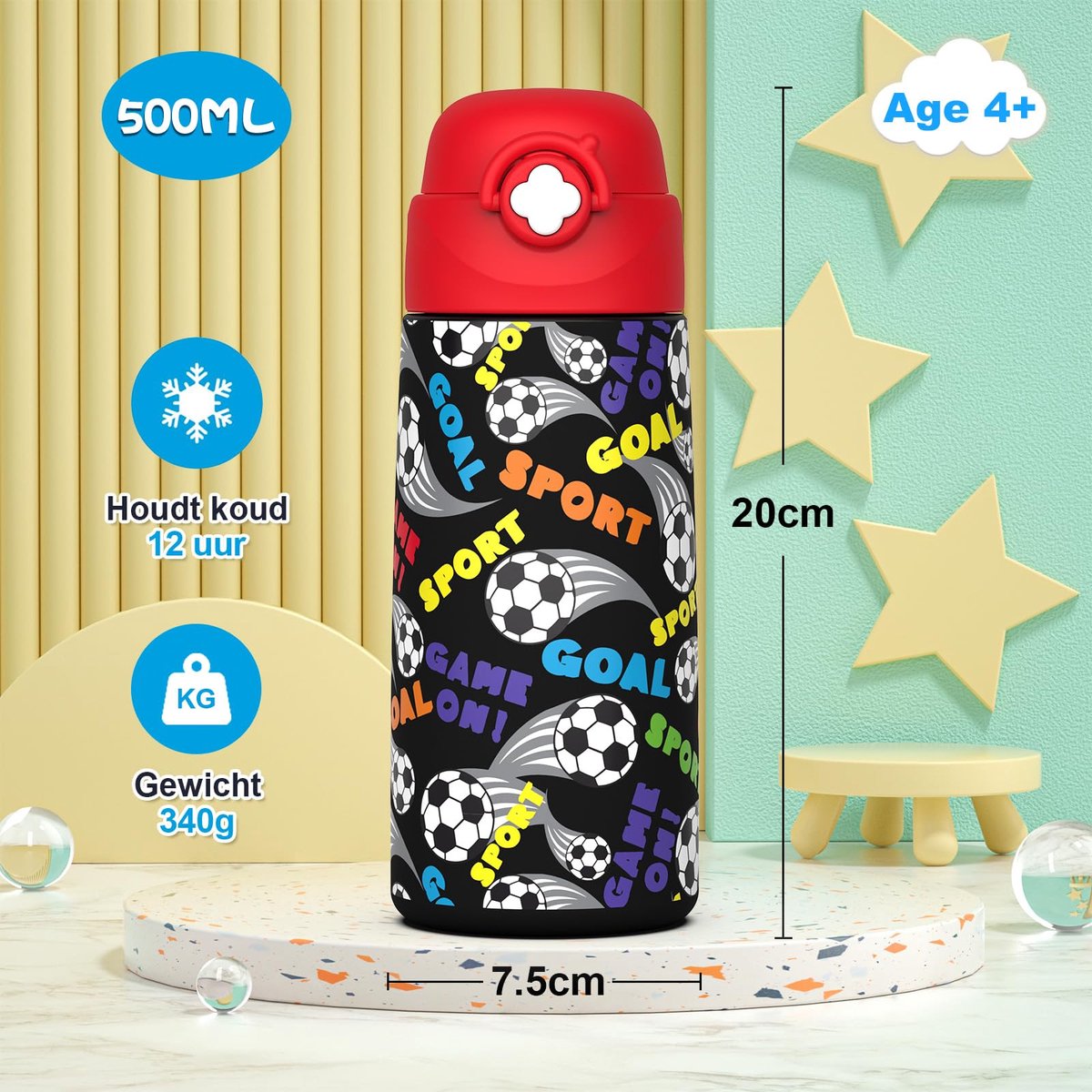 SnelShoppen - Kinder Waterfles met Bedekte Pop-up Stro, 16 Oz Lekvrije Roestvrij Stalen Drinkbeker voor School, Voetbal Design, Ideaal voor Kinderen e
