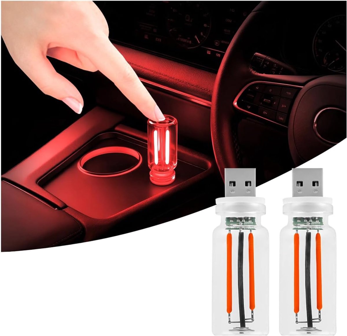 2 stuks retro autolampen, plug-in USB auto-interieurverlichting, USB-led-auto-interieurlamp, USB-led-sfeerlamp voor auto, slaapkamer, hal (rood)