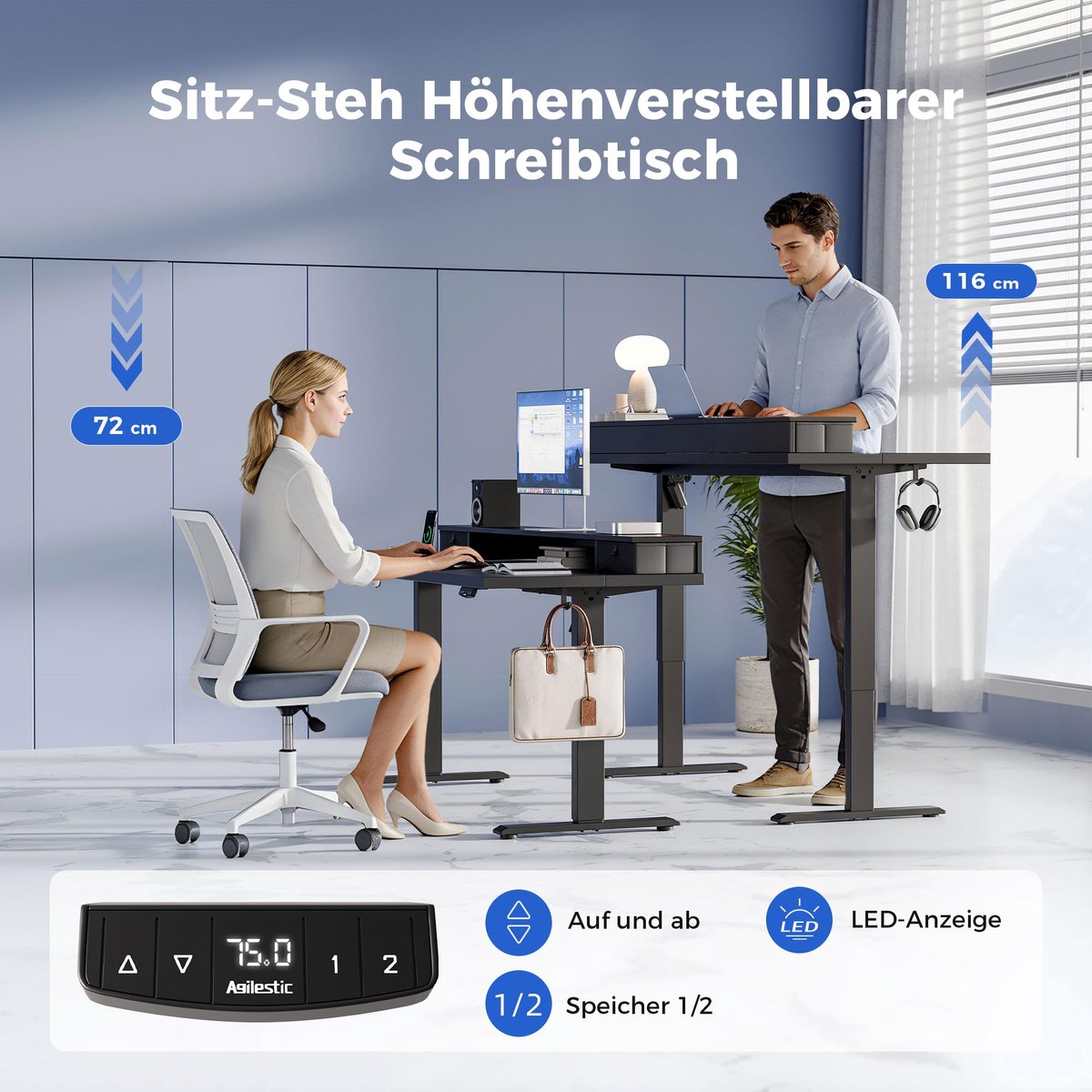 SnelShoppen - Hoogteverstelbaar Bureau met 2 Laden, Elektrisch Zit-Sta Bureau 100 x 60 cm, Ergonomisch Computerbureau, Stabiel Zwart Bureau voor Thuis