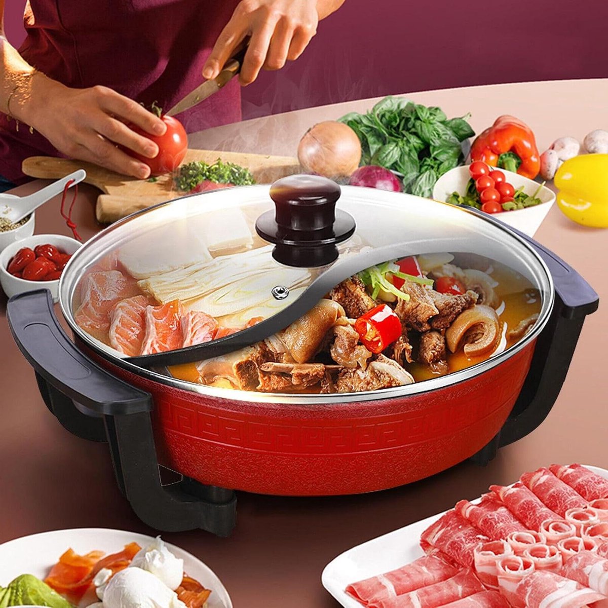 Elektrische Fondue Pan - Hete Pan - Gezellig Tafelen - Dubbel Compartiment - 6 Liter - Zilver
