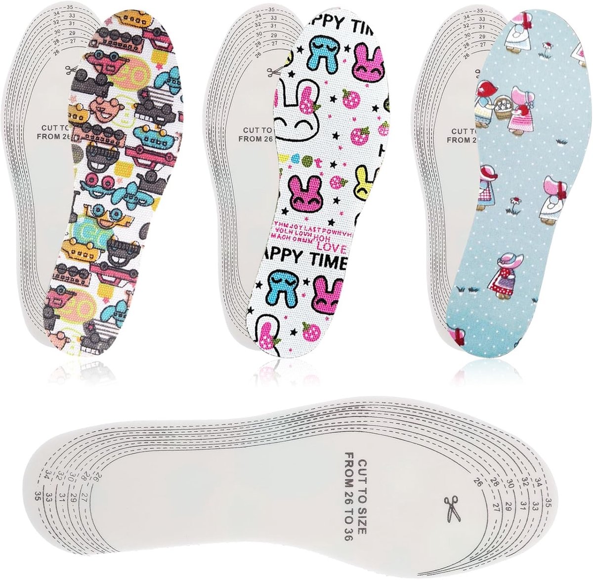 Set van 2 ademende inlegzolen voor kinderen, comfortabele schuimrubberen schoenzolen met verstelbare maat en schattig cartoondesign
